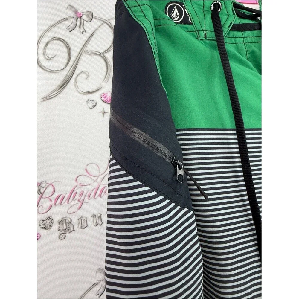 Volcom board shorts surf Green Black Neon Yellow Striped Board Shorts